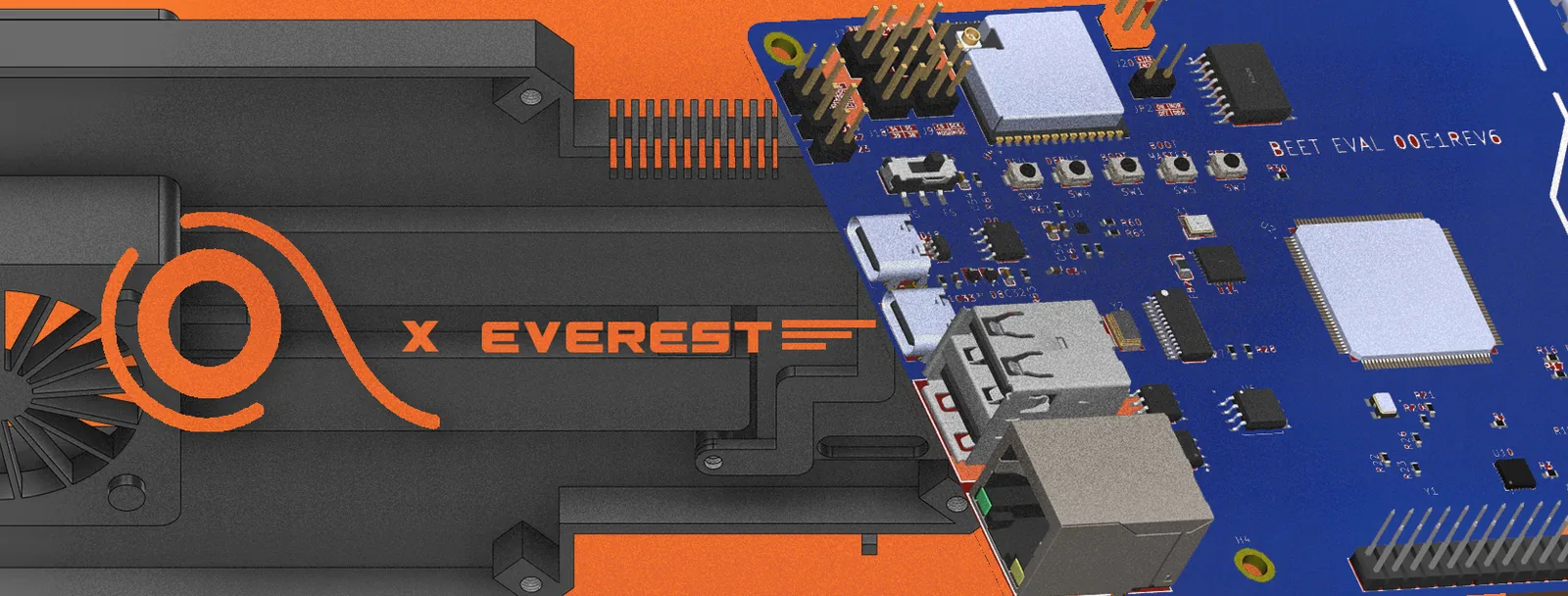 Beaverchip Eval board detail next to a CNC-machined heatsink module